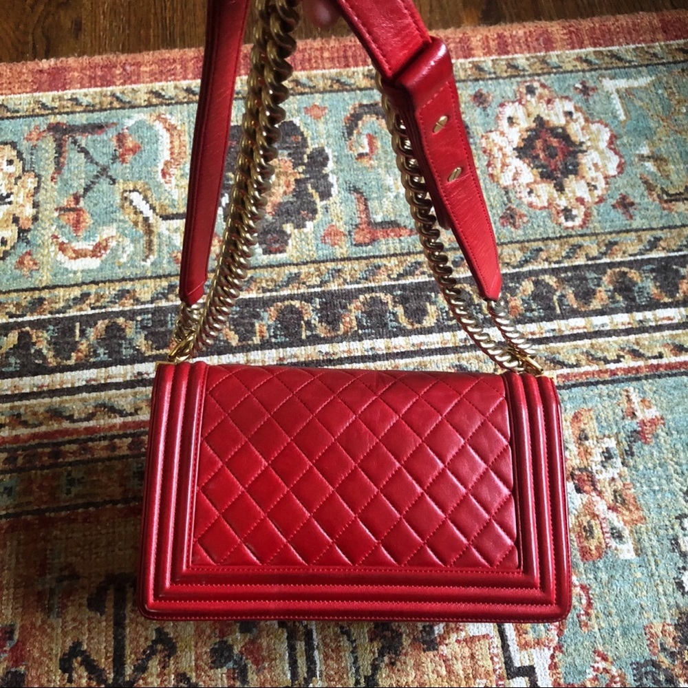 SOLD**Chanel Boy Flap Quilted Lambskin Medium Red - Picture 5 of 12